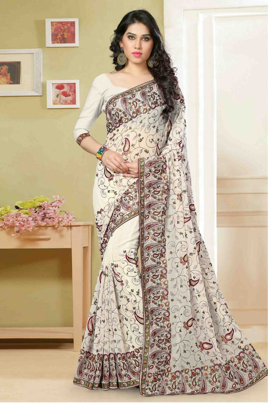 Off White Colour Georgette Embroidery Saree VSSD1120002