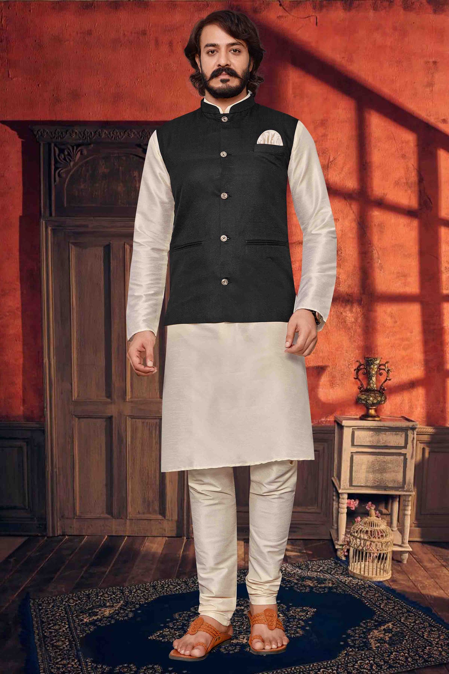 Off White Colour Kurta Pajama With Jacket In Art Silk VSKP1210305