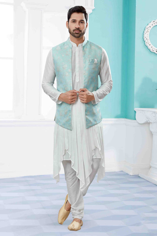 Off White Sky Blue Colour Indo Western In Silk Dupion Fabric VSSH1040480