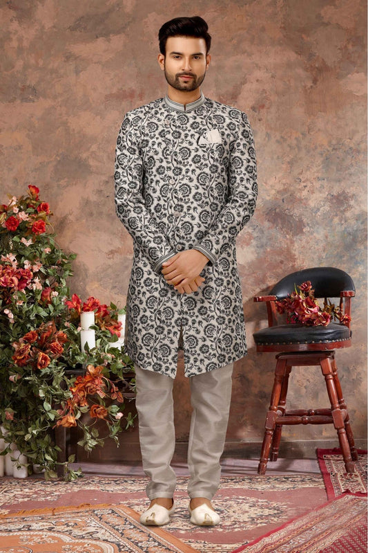 Off White and Black Colour Jacquard Digital Print Sherwani VSSH1040328