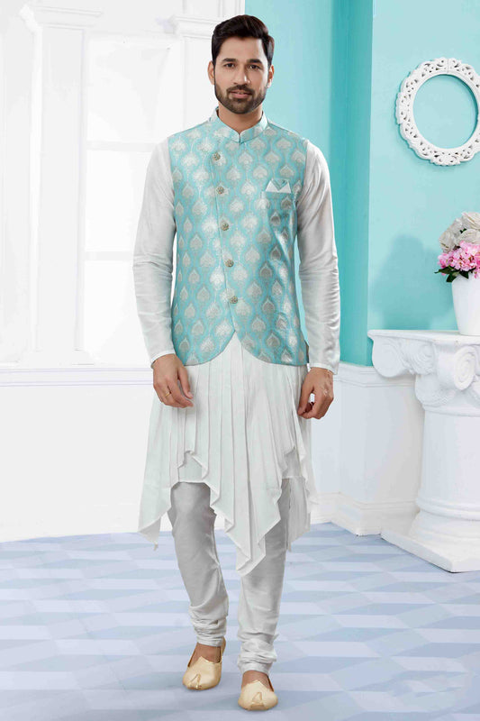 Off White and Blue Colour Indo Western In Silk Dupion Fabric VSSH1040471