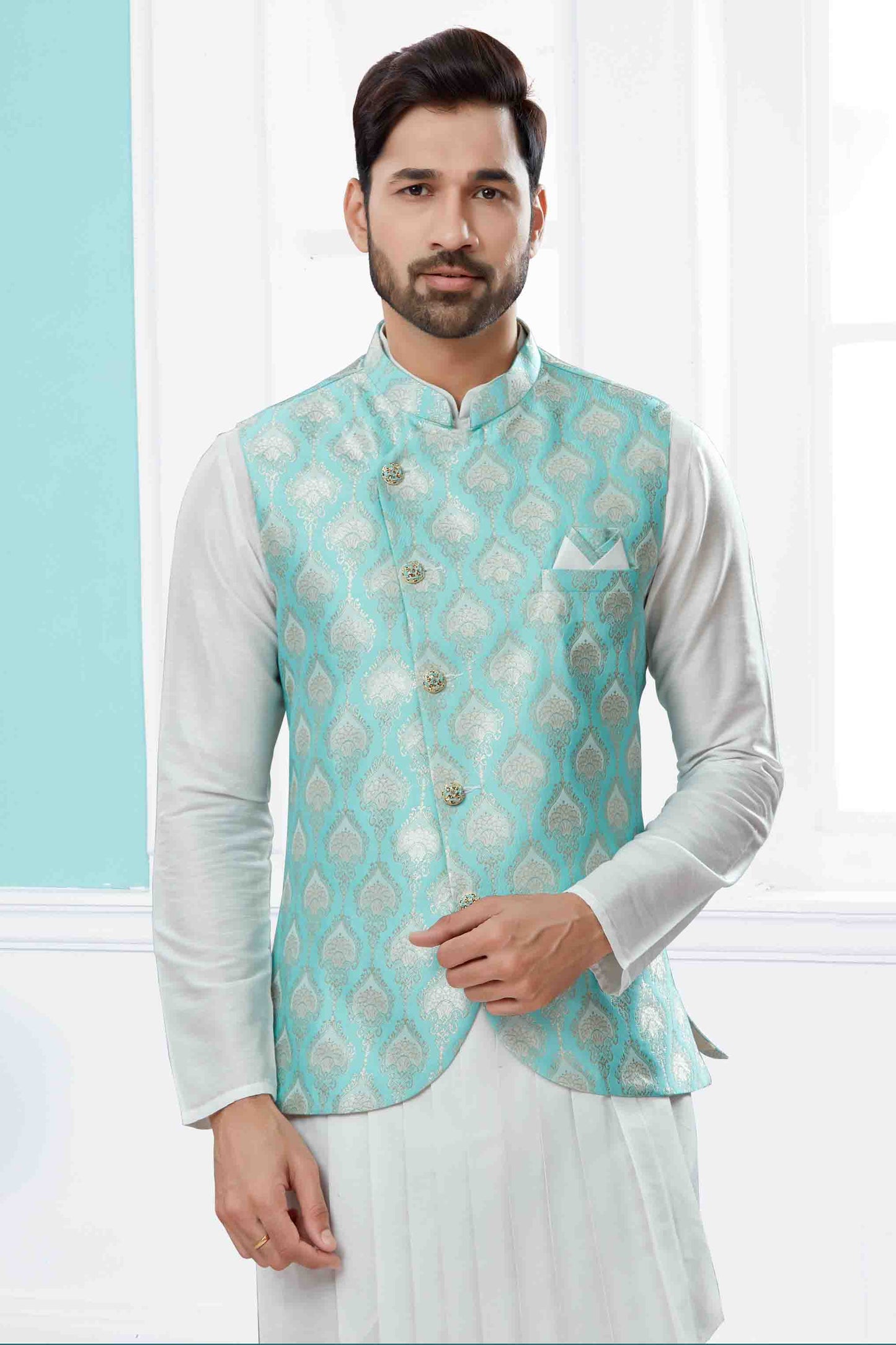 Off White and Blue Colour Indo Western In Silk Dupion Fabric VSSH1040473