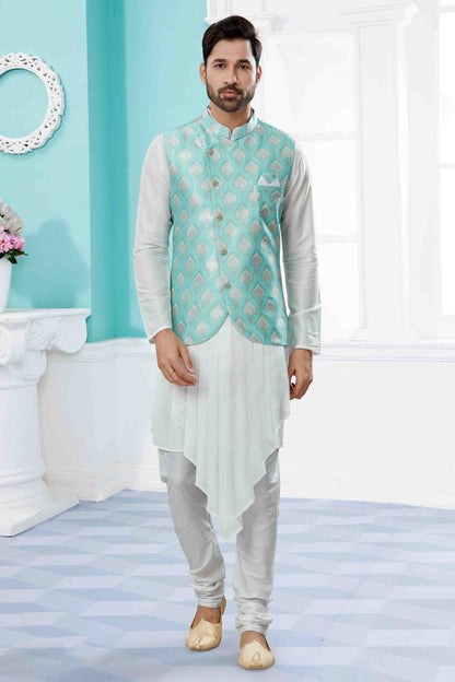 Off White and Blue Colour Indo Western In Silk Dupion Fabric VSSH1040473