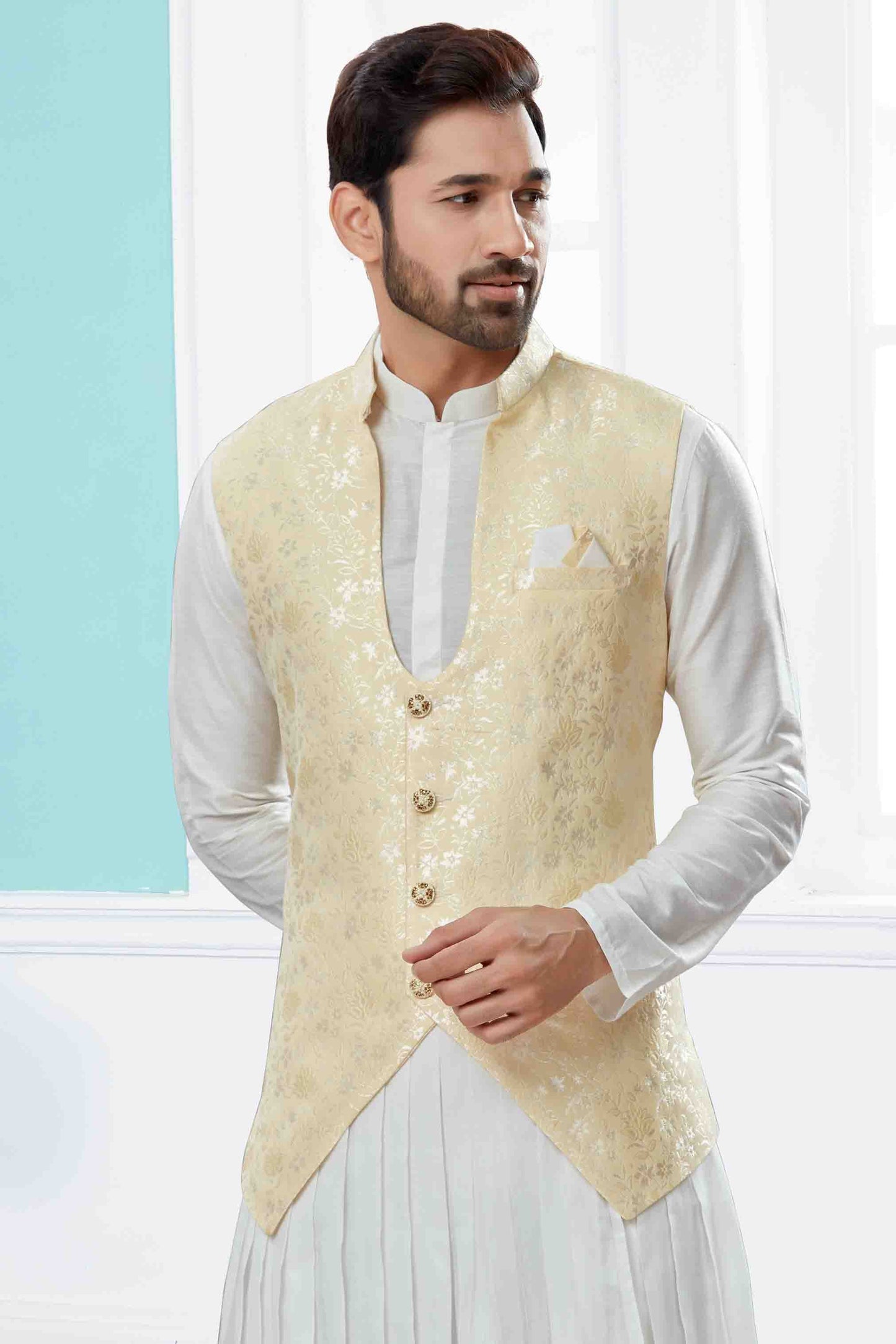 Off White and Cream Colour Indo Western In Silk Dupion Fabric VSSH1040475