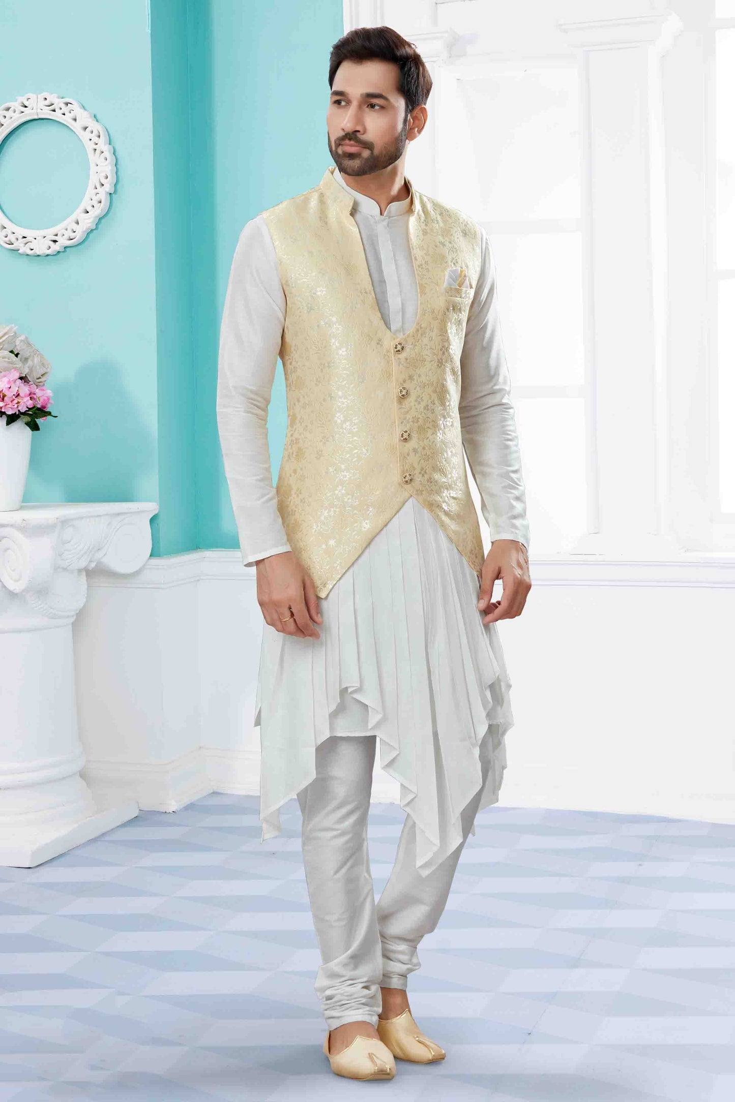 Off White and Cream Colour Indo Western In Silk Dupion Fabric VSSH1040475