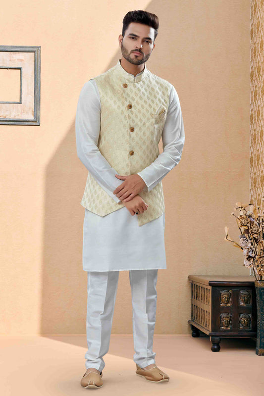Off White and Cream Colour Kurta Pajama With Jacket In Silk Dupion Fabric VSKP1040457