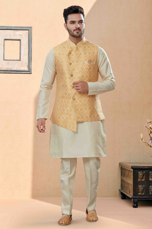 Off White and Cream Colour Kurta Pajama With Jacket In Silk Dupion Fabric VSKP1040467