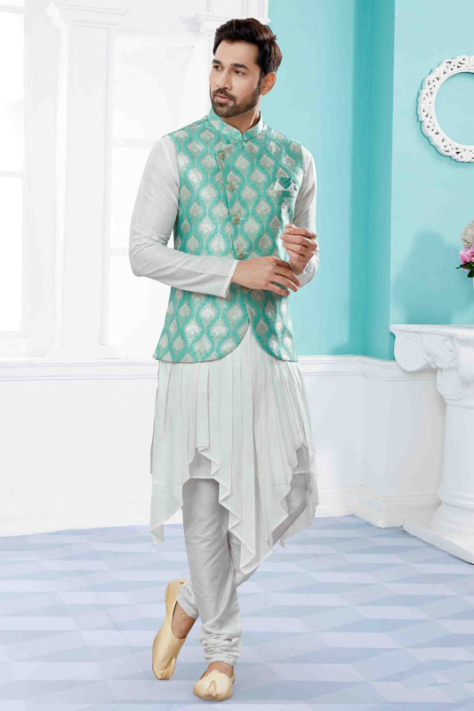 Off White and Green Colour Indo Western In Silk Dupion Fabric VSSH1040476