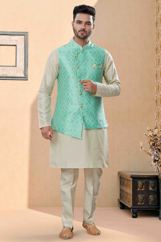 Off White and Green Colour Kurta Pajama With Jacket In Silk Dupion Fabric VSKP1040463