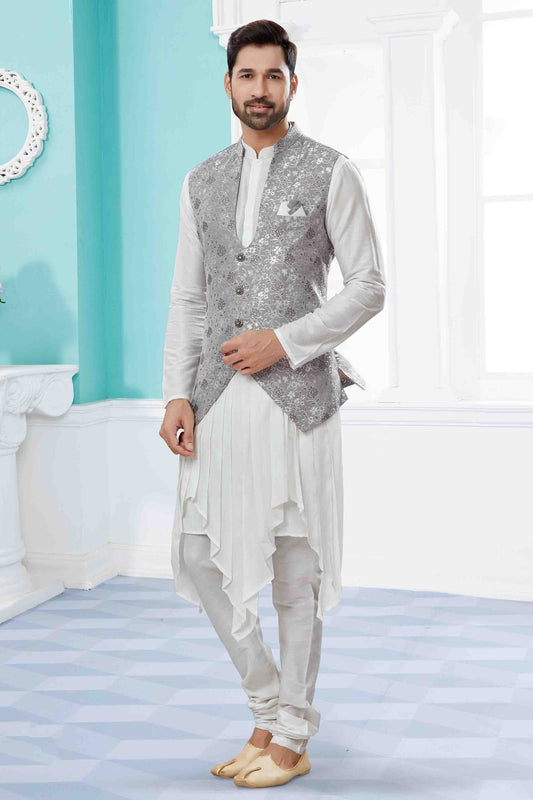Off White and Grey Colour Indo Western In Silk Dupion Fabric VSSH1040479
