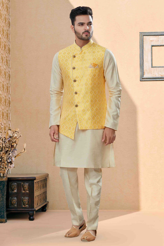 Off White and Yellow Colour Kurta Pajama With Jacket In Silk Dupion Fabric VSKP1040464