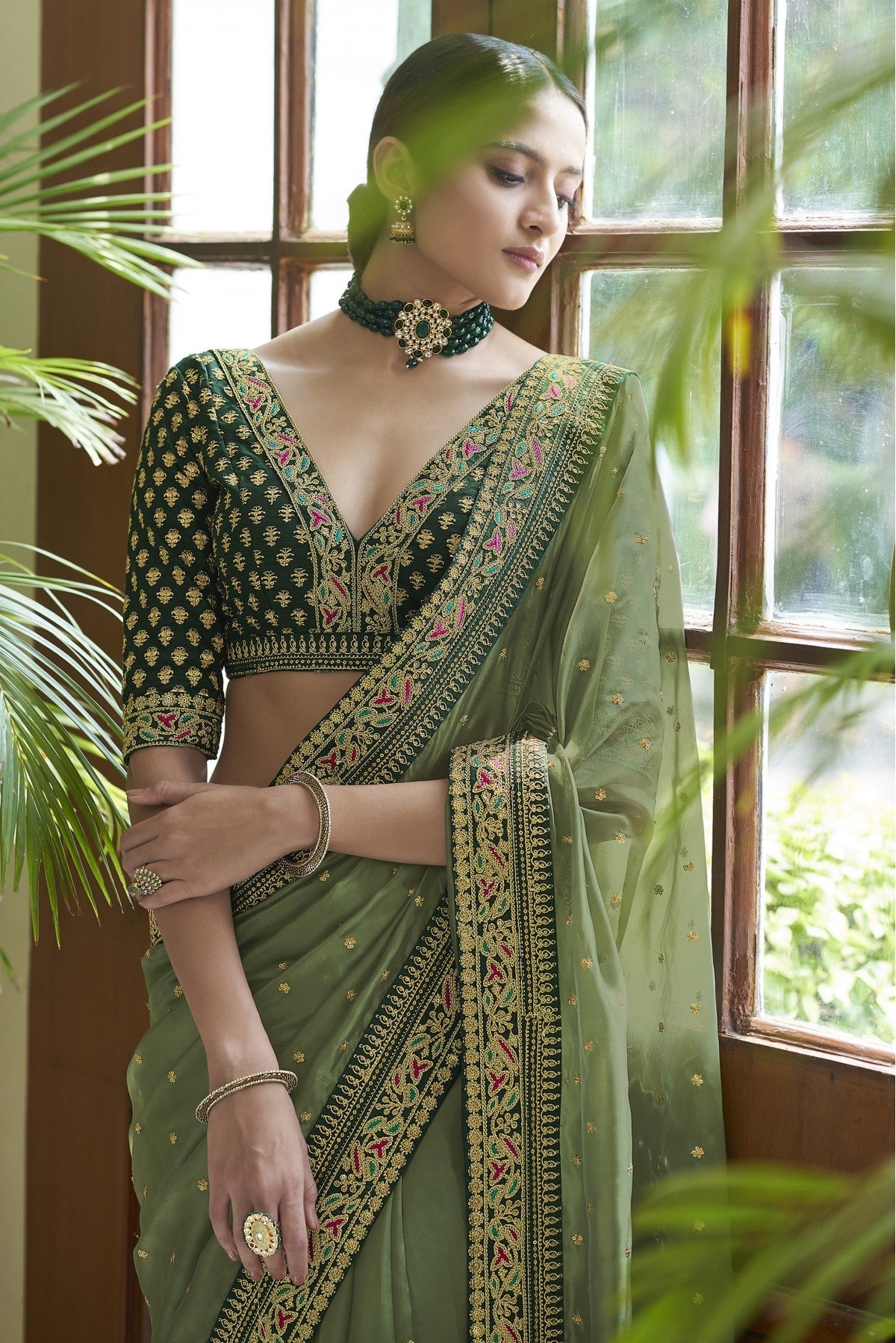 Olive Green Colour Art Silk Designer Saree