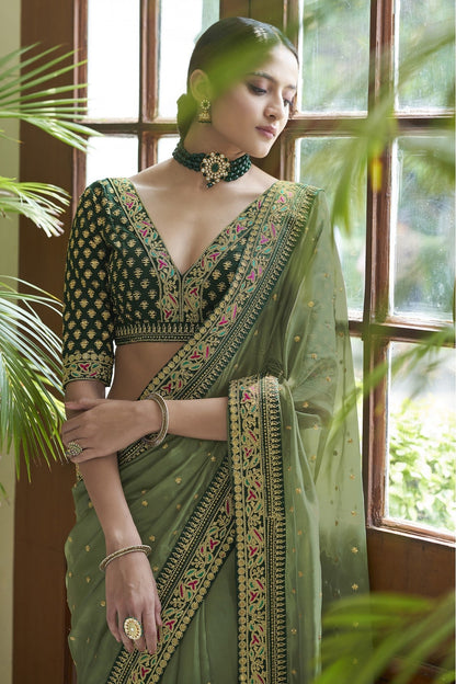 Olive Green Colour Art Silk Designer Saree