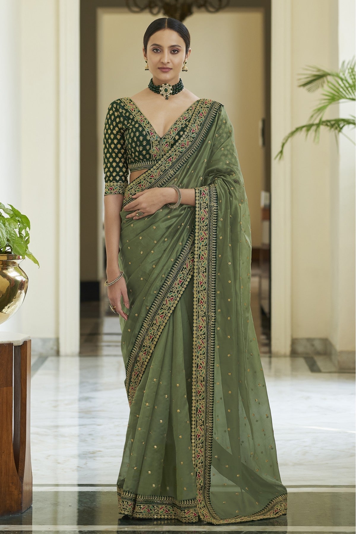 Olive Green Colour Art Silk Designer Saree