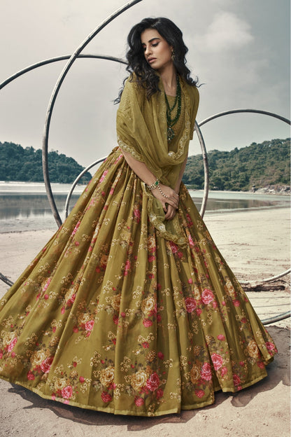 Olive and Green Colour Organza Printed Lehenga Choli VSLC1080632