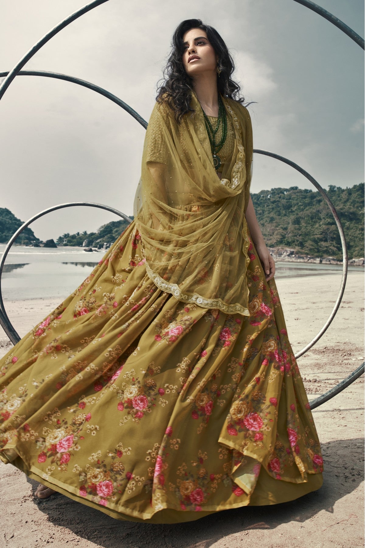 Olive and Green Colour Organza Printed Lehenga Choli VSLC1080632