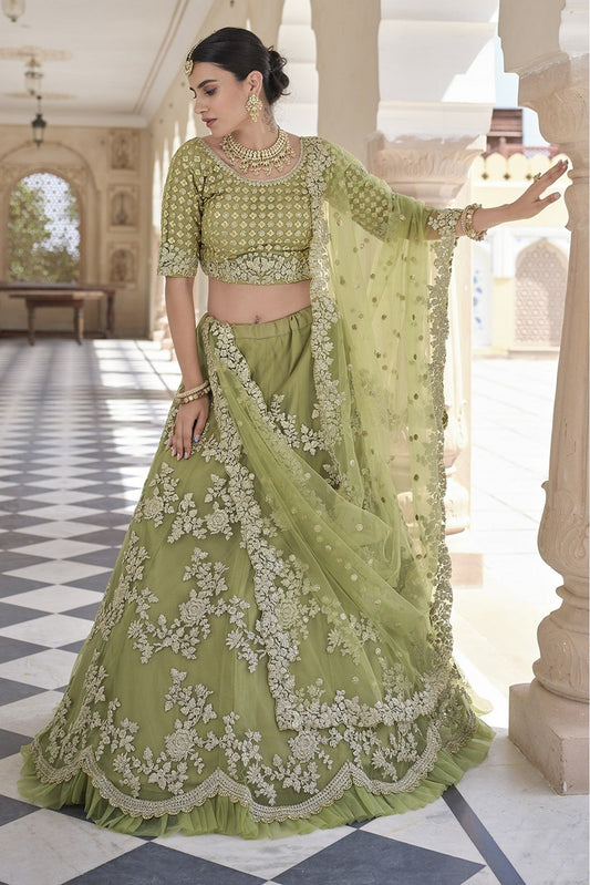 Olive and Green Colour Soft Net Sequins Work Lehenga Choli VSLC1080584