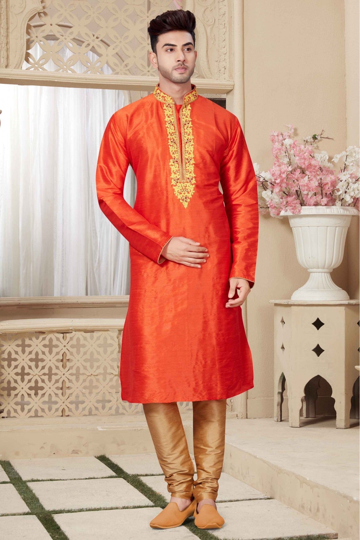 Orange Colour Kurta Pajama In Art Dhupion Fabric VSKP1040010