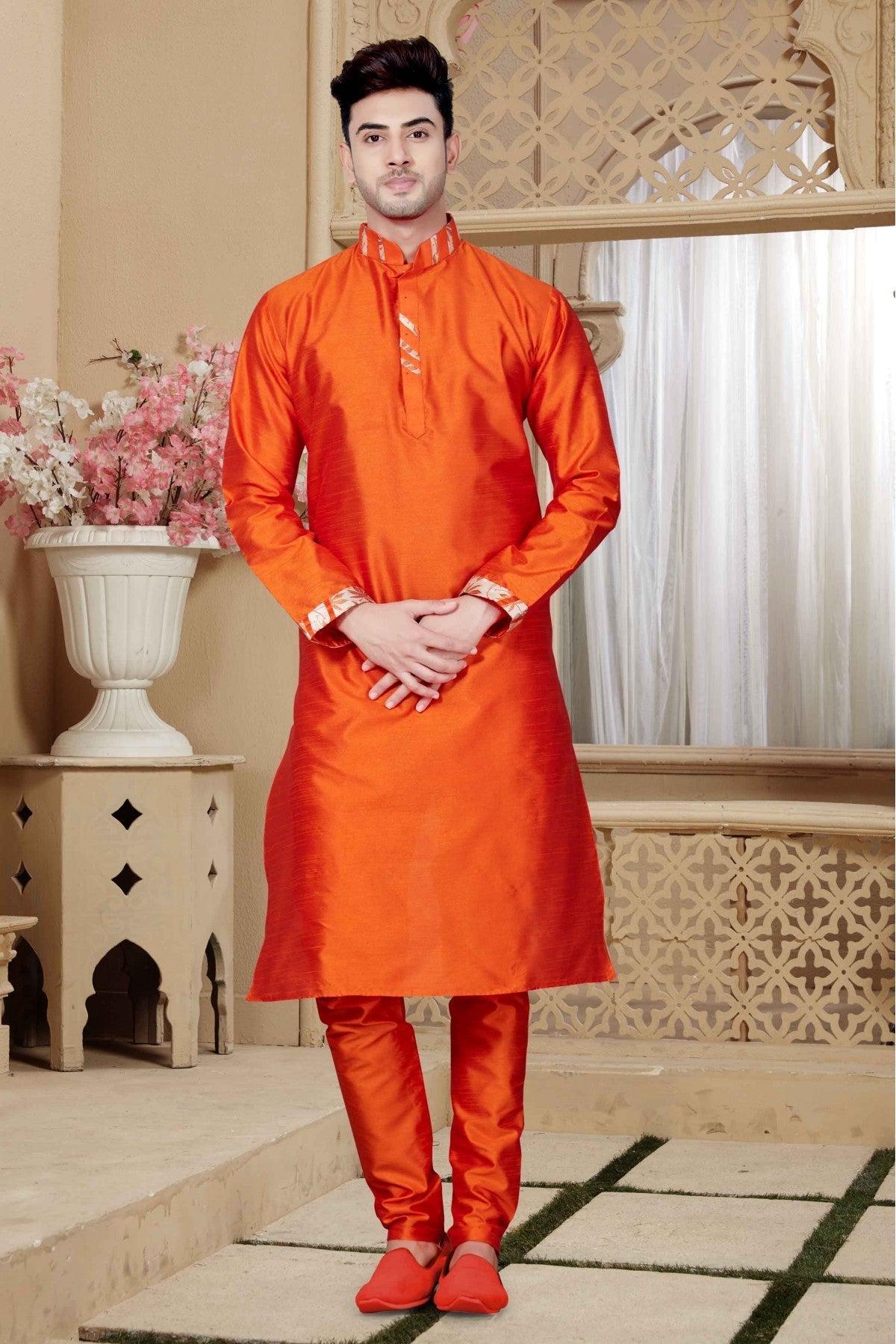 Orange Colour Kurta Pajama In Art Dhupion Fabric VSKP1040015