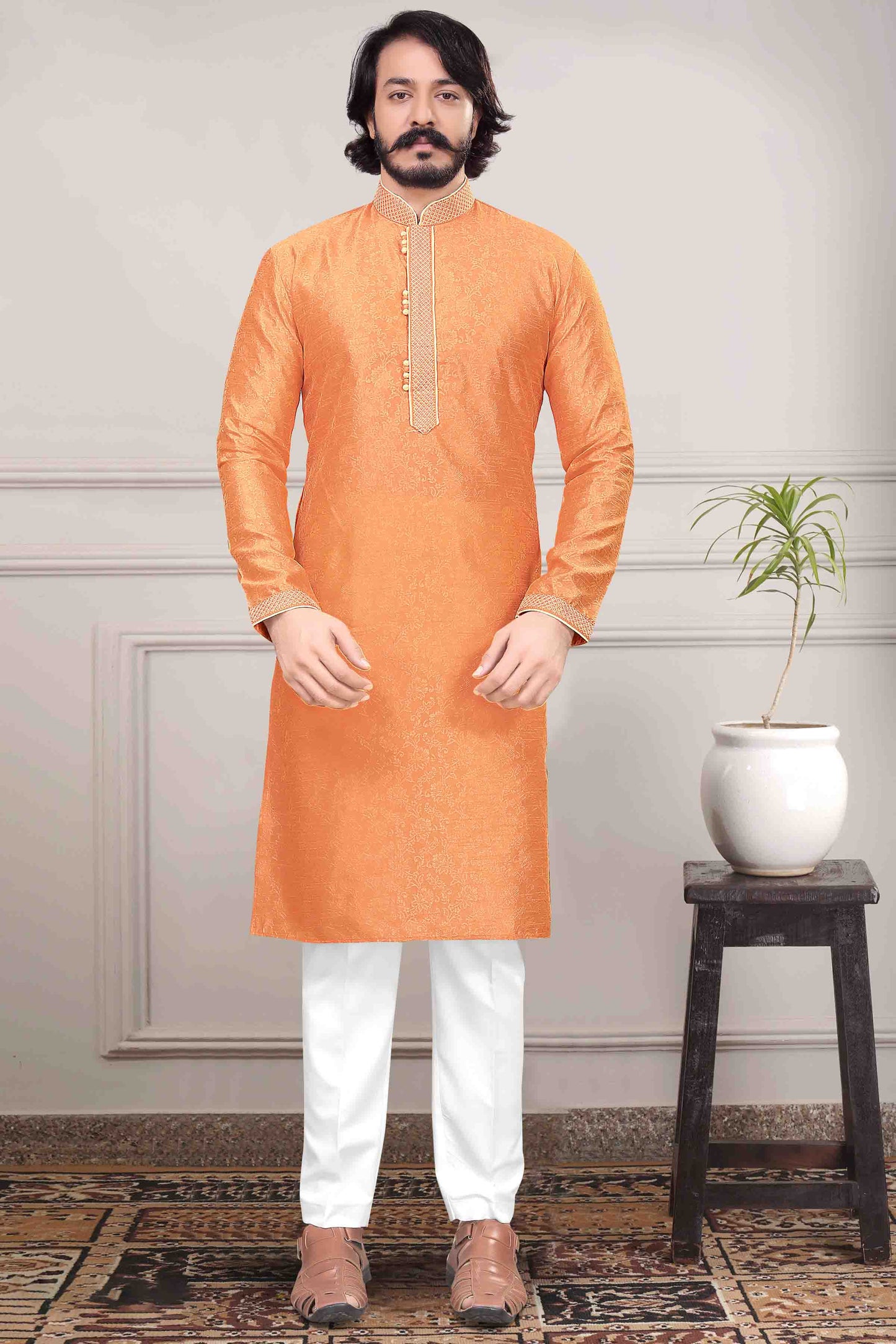 Orange Colour Kurta Pajama In Jacquard Silk VSKP1210024
