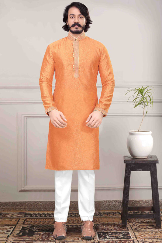 Orange Colour Kurta Pajama In Jacquard Silk VSKP1210024