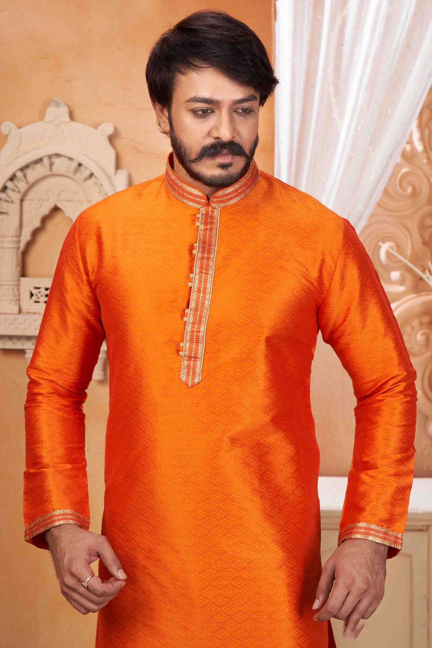 Orange Colour Kurta Pajama In Jacquard Silk VSKP1210048