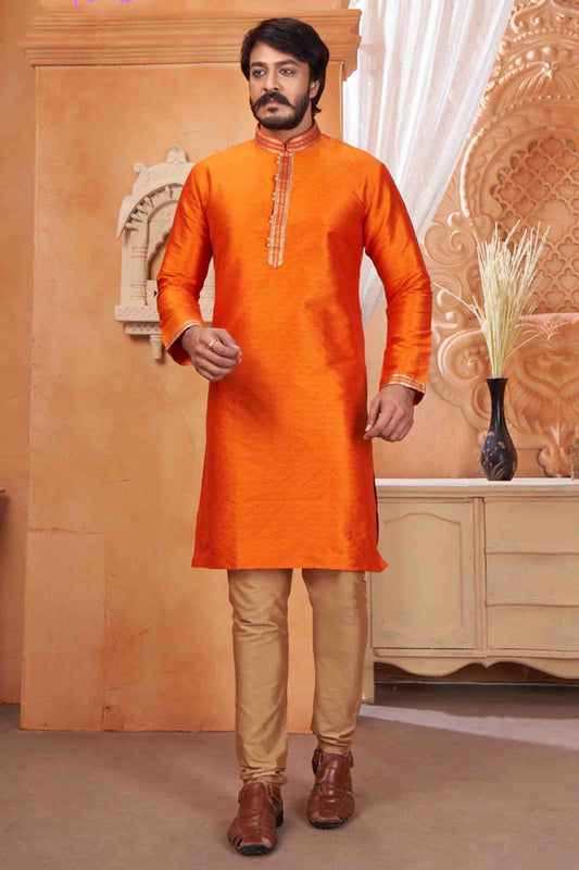Orange Colour Kurta Pajama In Jacquard Silk VSKP1210048