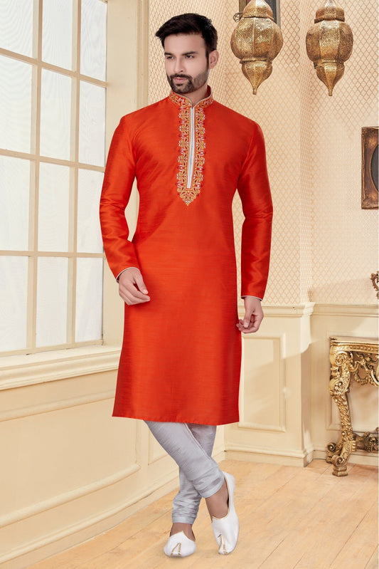 Orange Colour Kurta Pajama In Silk Dupion Fabric VSKP1040106