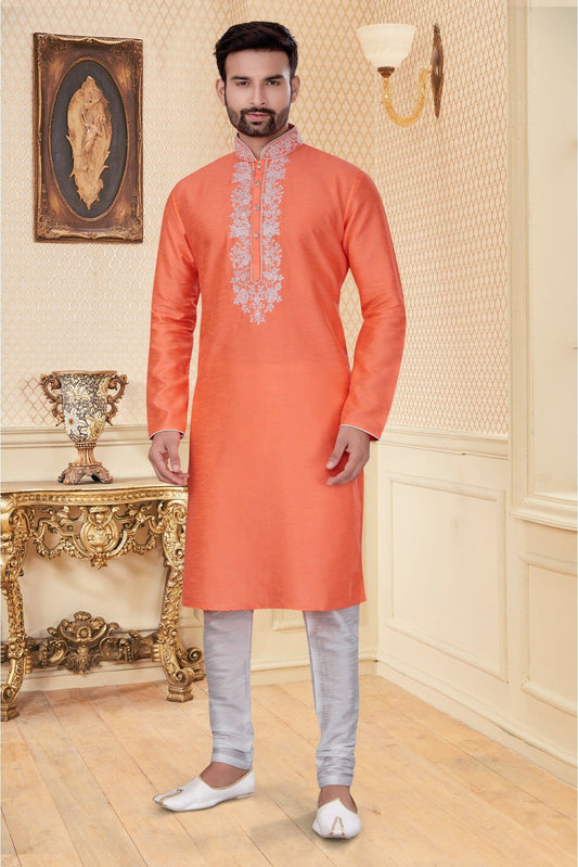 Orange Colour Kurta Pajama In Silk Dupion Fabric VSKP1040110