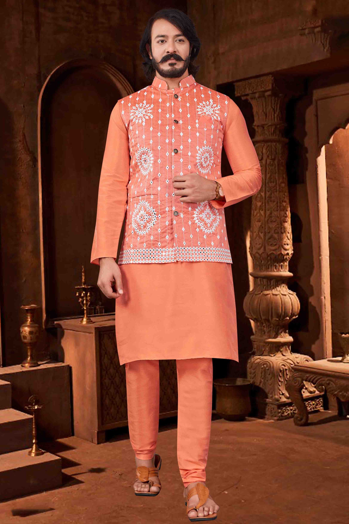 Orange Colour Kurta Pajama With Jacket In Art Silk VSKP1210378