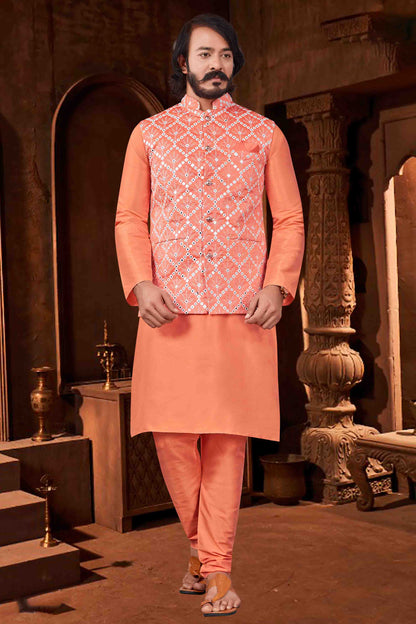Orange Colour Kurta Pajama With Jacket In Art Silk VSKP1210388