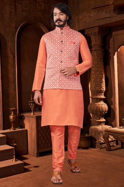 Orange Colour Kurta Pajama With Jacket In Art Silk VSKP1210398