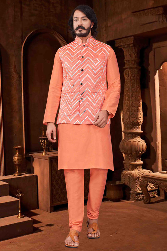 Orange Colour Kurta Pajama With Jacket In Art Silk VSKP1210409