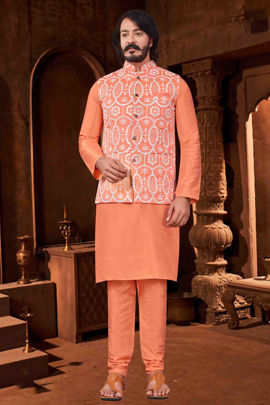 Orange Colour Kurta Pajama With Jacket In Art Silk VSKP1210424