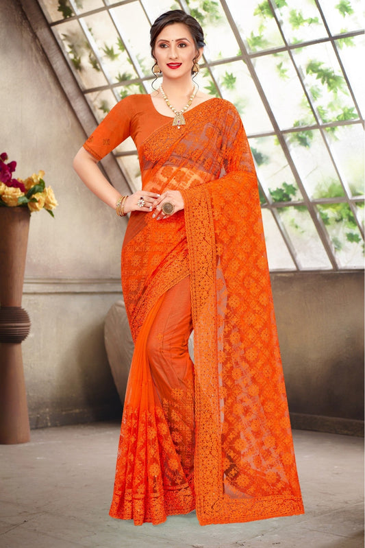 Orange Colour Net Embroidery Saree VSSD1090376