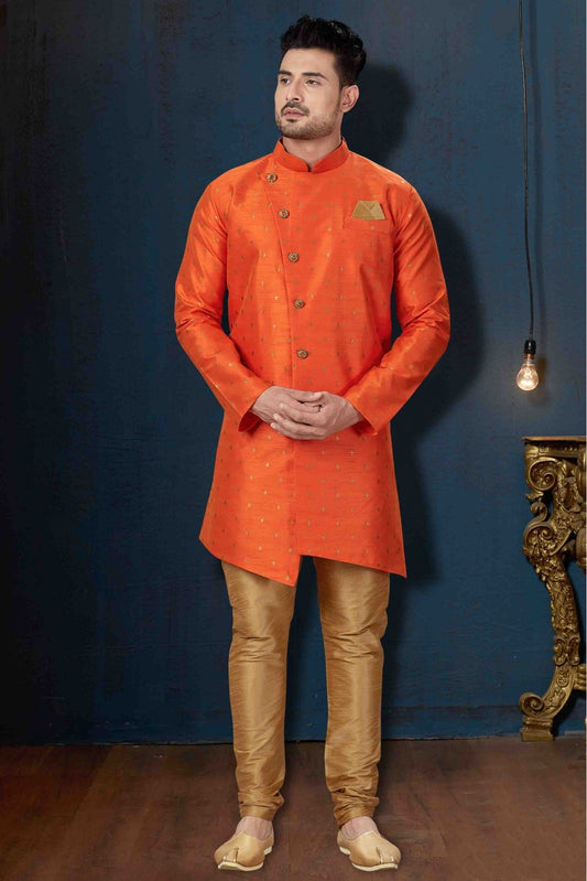 Orange Colour Silk Party Wear Indo Western Sherwani VSSH1040228