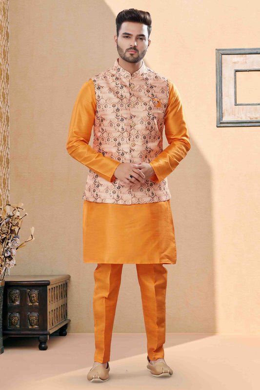 Orange and Multicolour Colour Kurta Pajama With Jacket In Silk Dupion Fabric VSKP1040451