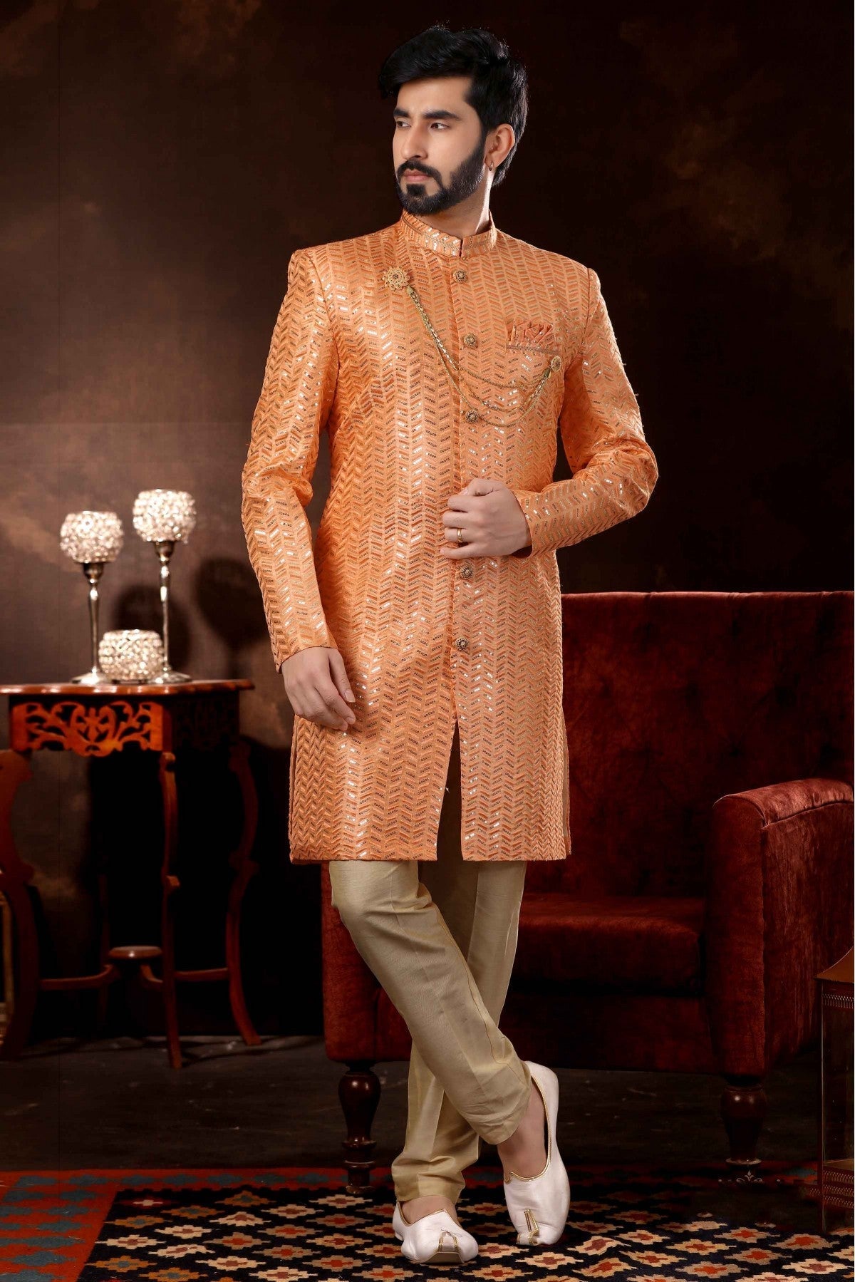 Peach Colour Art Silk Sherwani VSSH1040363