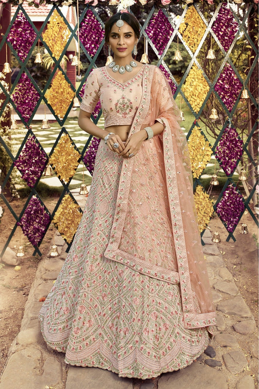 Peach Colour Crepe Embroidery Bridal Lehenga Choli VSLC1080081