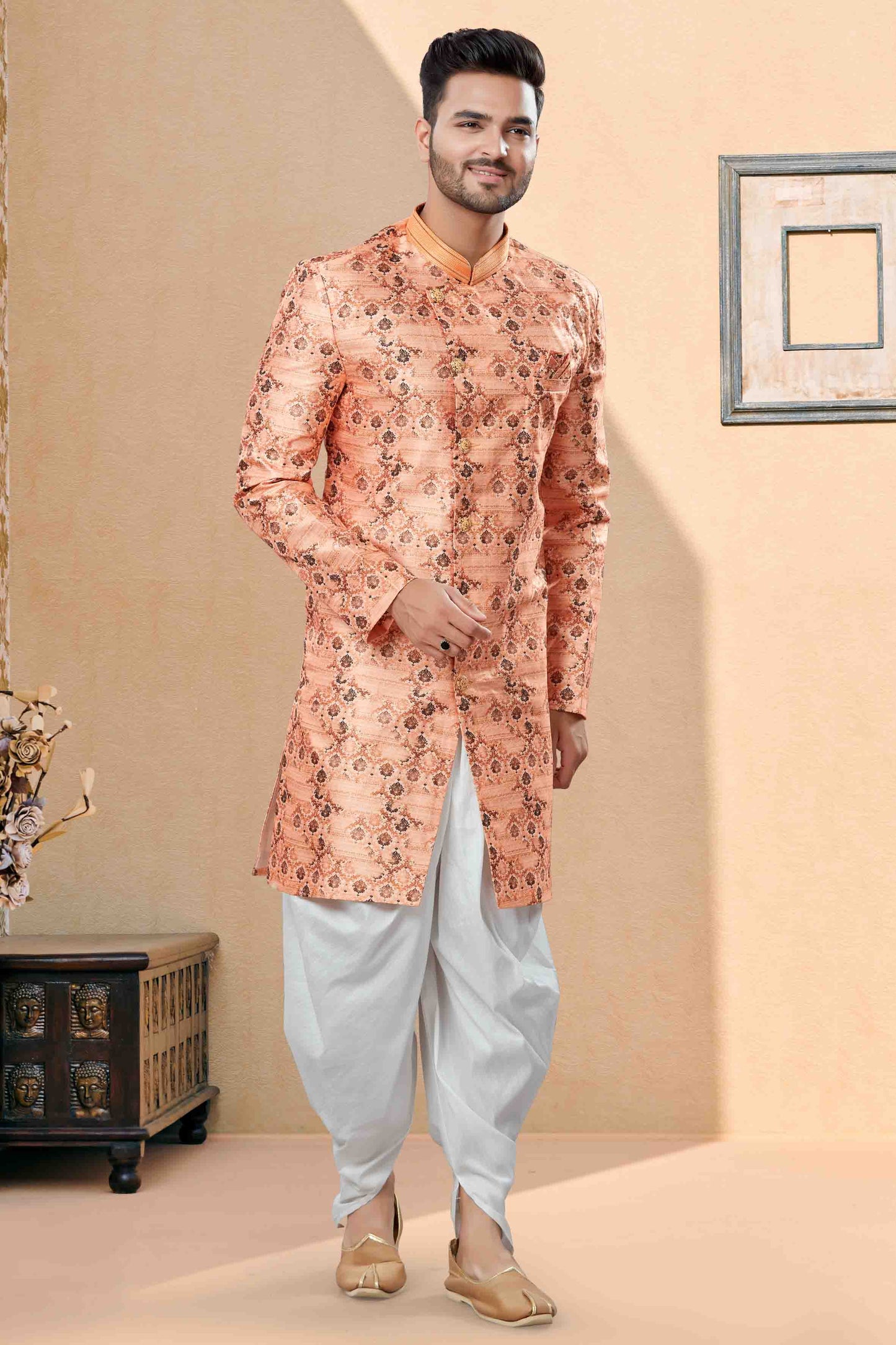 Peach Colour Dhoti Sherwani In Jacquard Fabric VSSH1040393