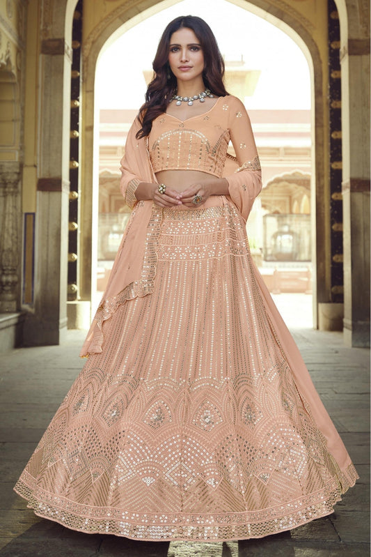 Peach Colour Georgette Sequins Work Lehenga Choli VSLC1080559