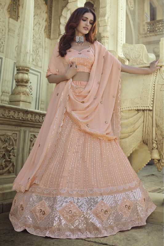 Peach Colour Georgette Sequins Work Lehenga Choli VSLC1080563