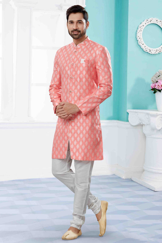 Peach Colour Indo Western In Banarasi Jacquard Fabric VSSH1040446