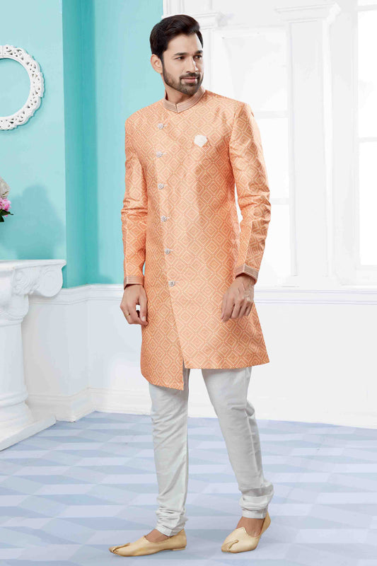 Peach Colour Indo Western In Jacquard Fabric VSSH1040441