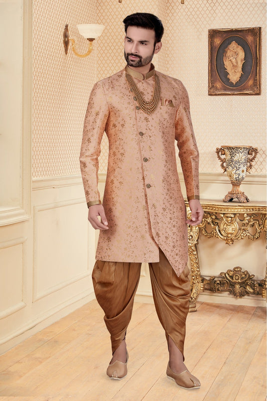 Peach Colour Jacquard Dhoti Sherwani VSSH1040273