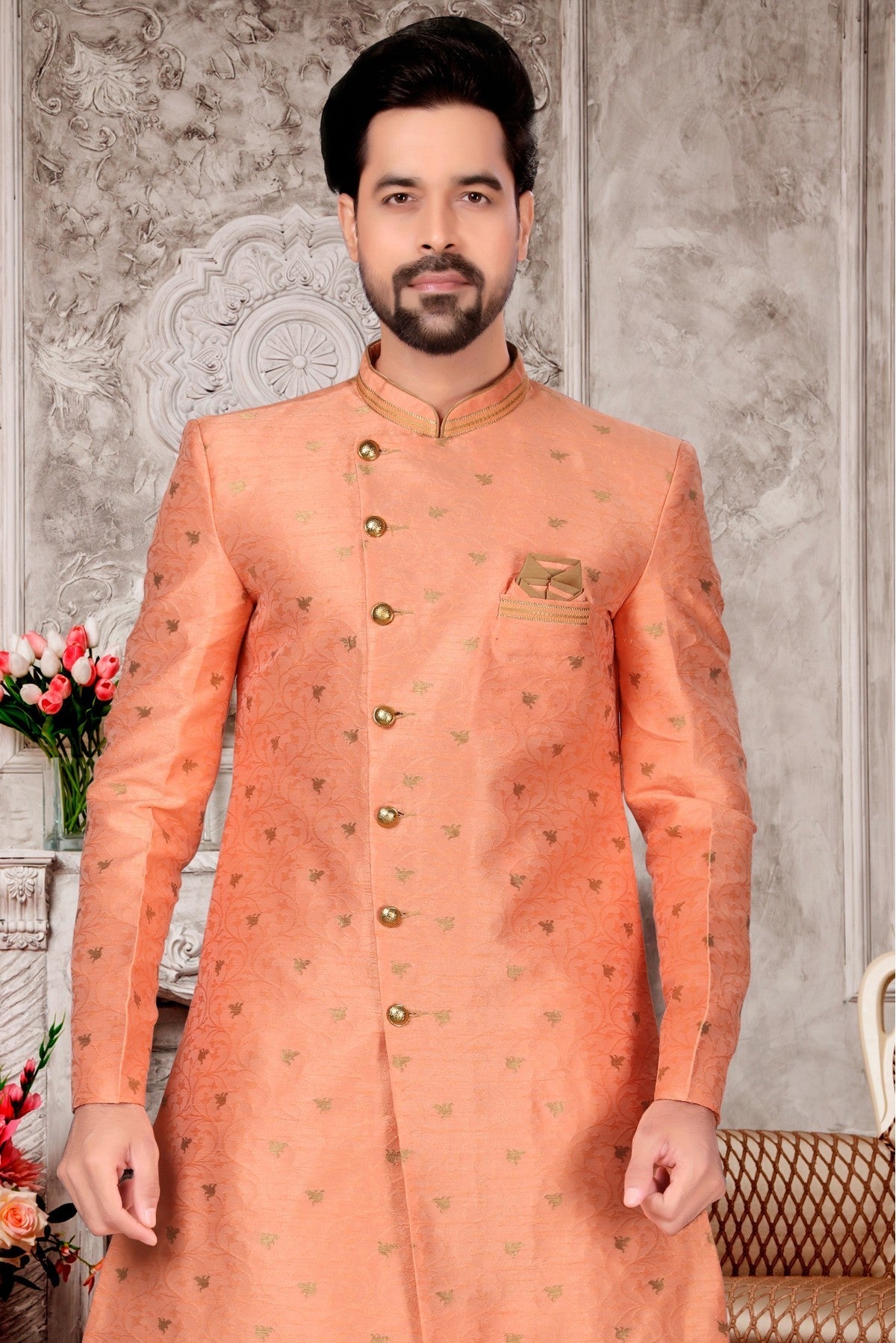 Peach Colour Jacquard Dhoti Sherwani VSSH1040287