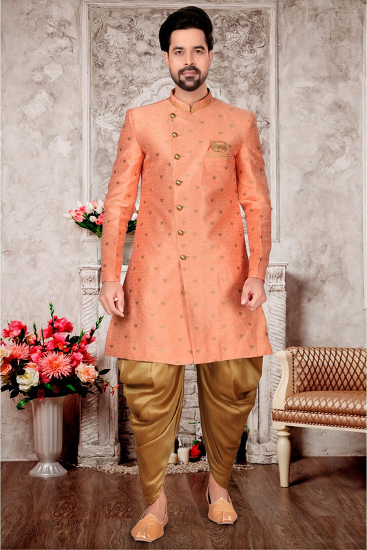 Peach Colour Jacquard Dhoti Sherwani VSSH1040287