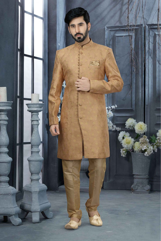 Peach Colour Jacquard Zari Work Sherwani VSSH1040325