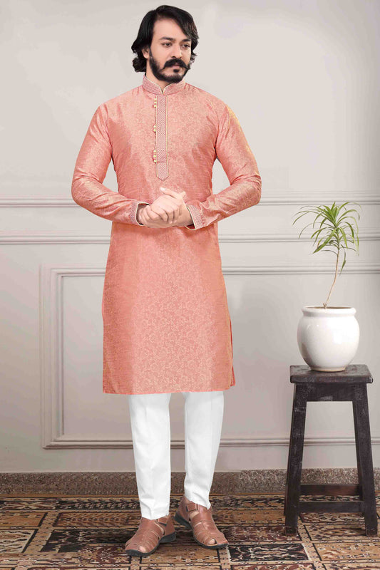 Peach Colour Kurta Pajama In Jacquard Silk VSKP1210023