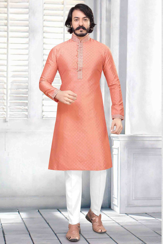 Peach Colour Kurta Pajama In Jacquard Silk VSKP1210030